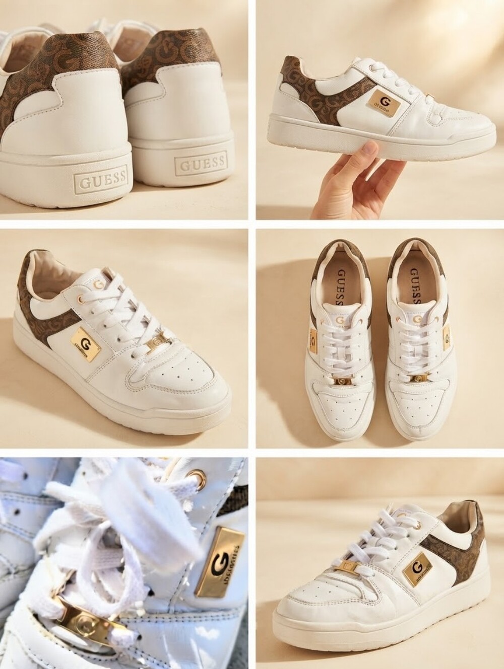 GBG Los Angeles White Sneakers with Gold Accents and Brown Patterned Heel Trim